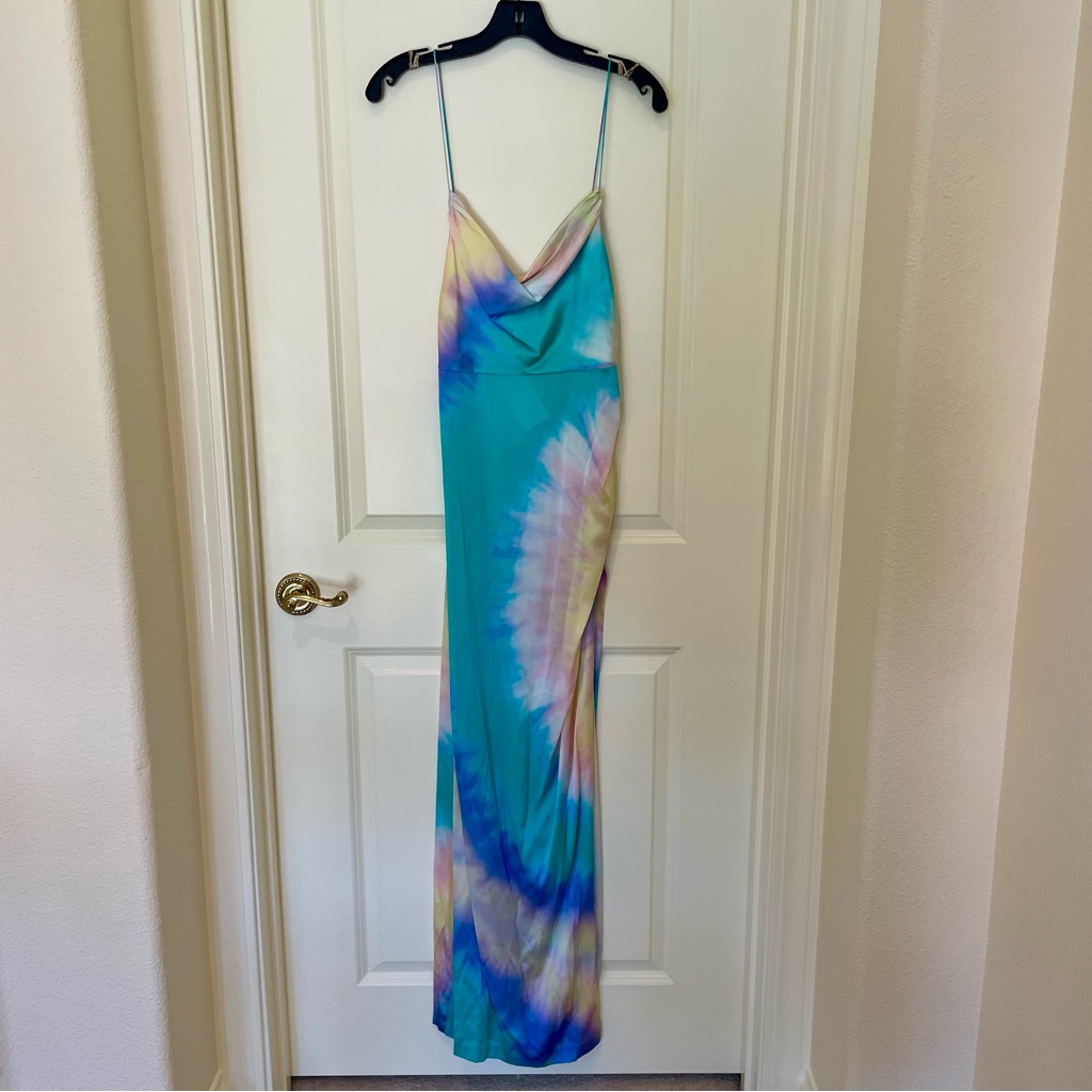 Retrofete Tie-Dye Blue Silk Maxi Dress With Spaghetti Straps, Nwt Size S